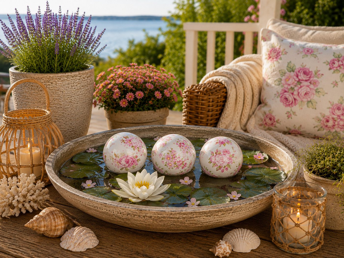 finehomegarden Teichfigur Schwimmkugel weiß/rosa Ø8cm/Ø10cm Blüten Porzellan 3er Set Deko, (Set, 3-St., 3tlg), Schwimmende Deko Kugeln für Teich & Wasserschalen 2Größen wählbar Bild 2