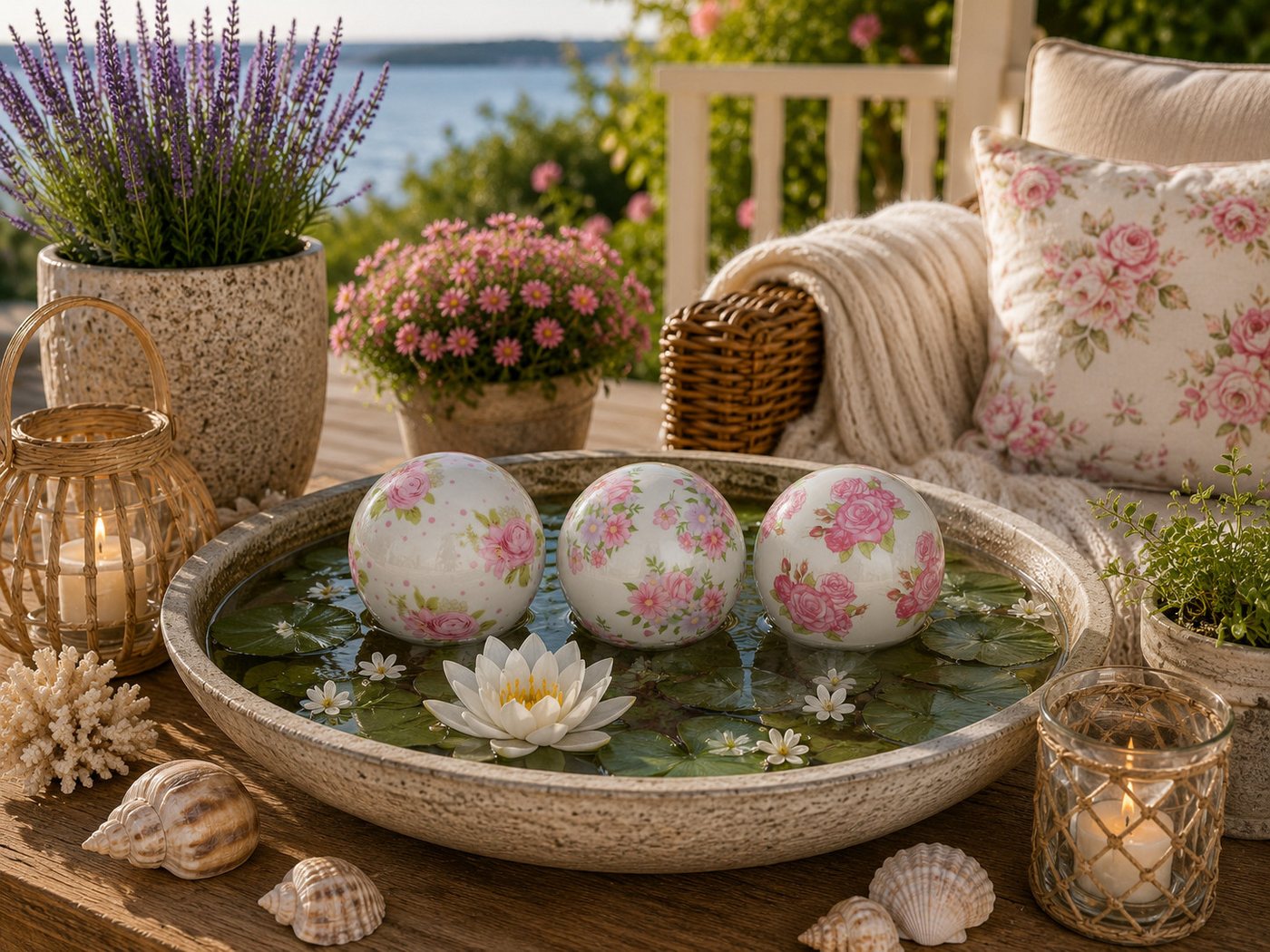finehomegarden Teichfigur Schwimmkugel weiß/rosa Ø8cm/Ø10cm Blüten Porzellan 3er Set Deko, (Set, 3-St., 3tlg), Schwimmende Deko Kugeln für Teich & Wasserschalen 2Größen wählbar Bild 4