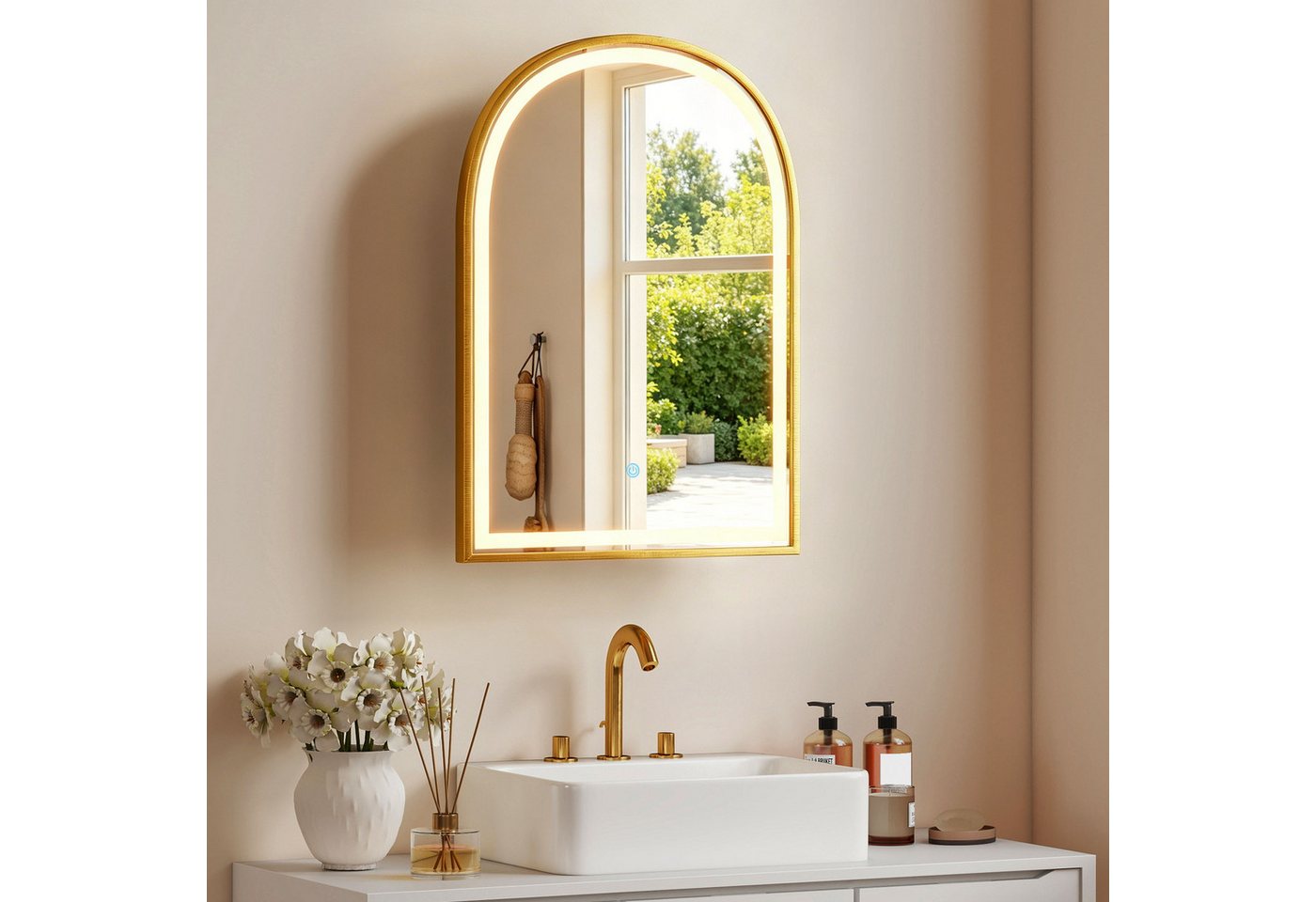 BAYMATE Spiegelschrank Badezimmer-Wandschrank mit Spiegel und LED-Beleuchtung, Bogentür (beschlagfrei, 50 x 14,5 x 70 cm, gold)