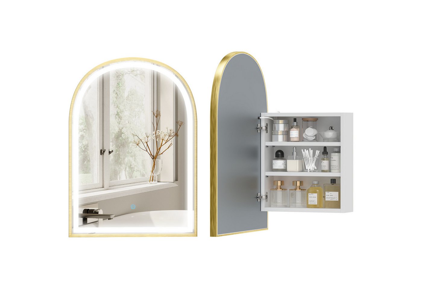 BAYMATE Spiegelschrank Badezimmer-Wandschrank mit Spiegel und LED-Beleuchtung, Bogentür (beschlagfrei, 50 x 14,5 x 70 cm, gold) Bild 3