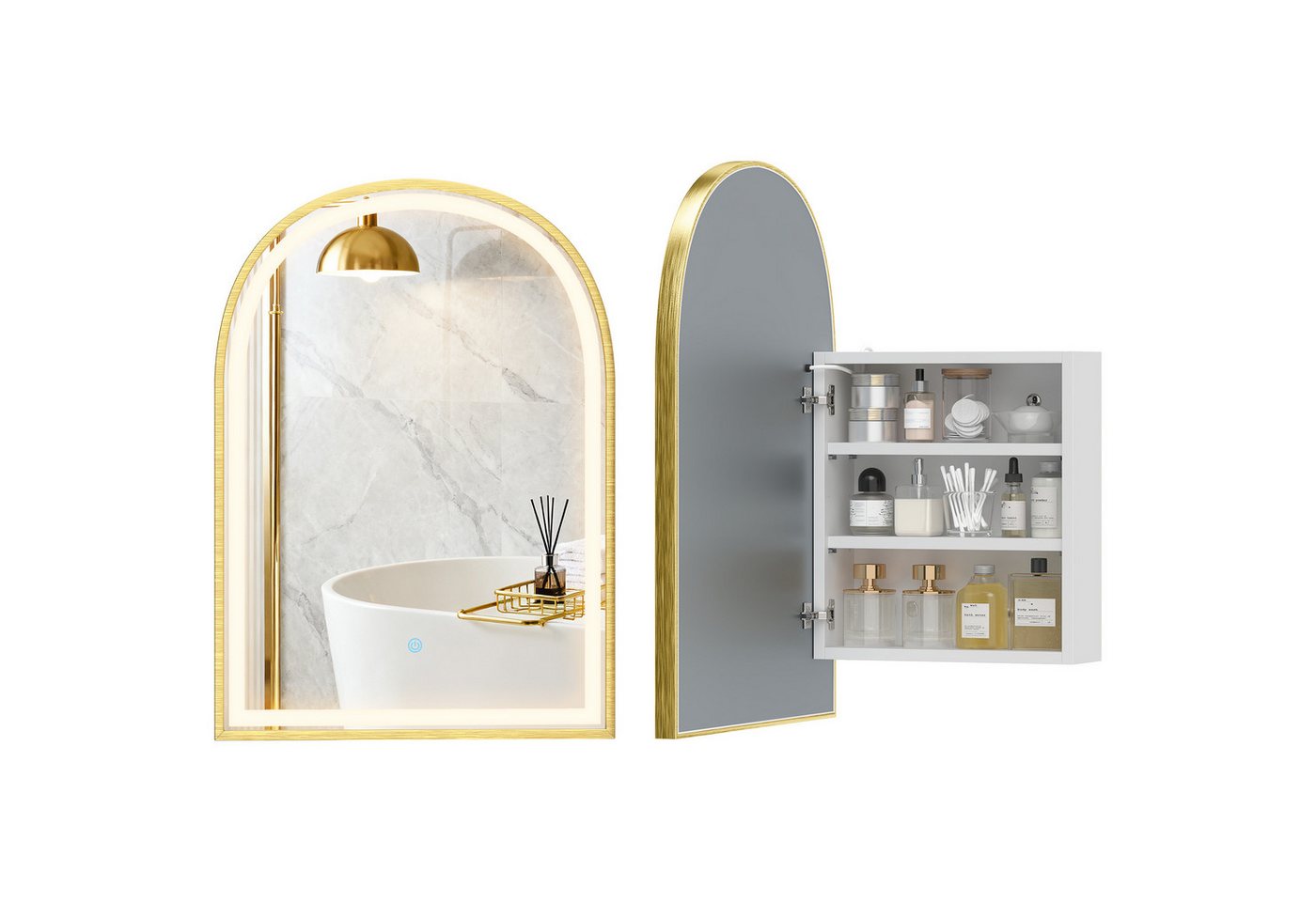 BAYMATE Spiegelschrank Badezimmer-Wandschrank mit Spiegel und LED-Beleuchtung, Bogentür (beschlagfrei, 50 x 14,5 x 70 cm, gold) Bild 4