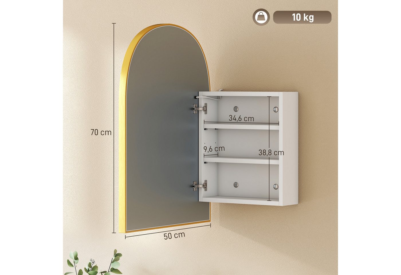 BAYMATE Spiegelschrank Badezimmer-Wandschrank mit Spiegel und LED-Beleuchtung, Bogentür (beschlagfrei, 50 x 14,5 x 70 cm, gold) Bild 5
