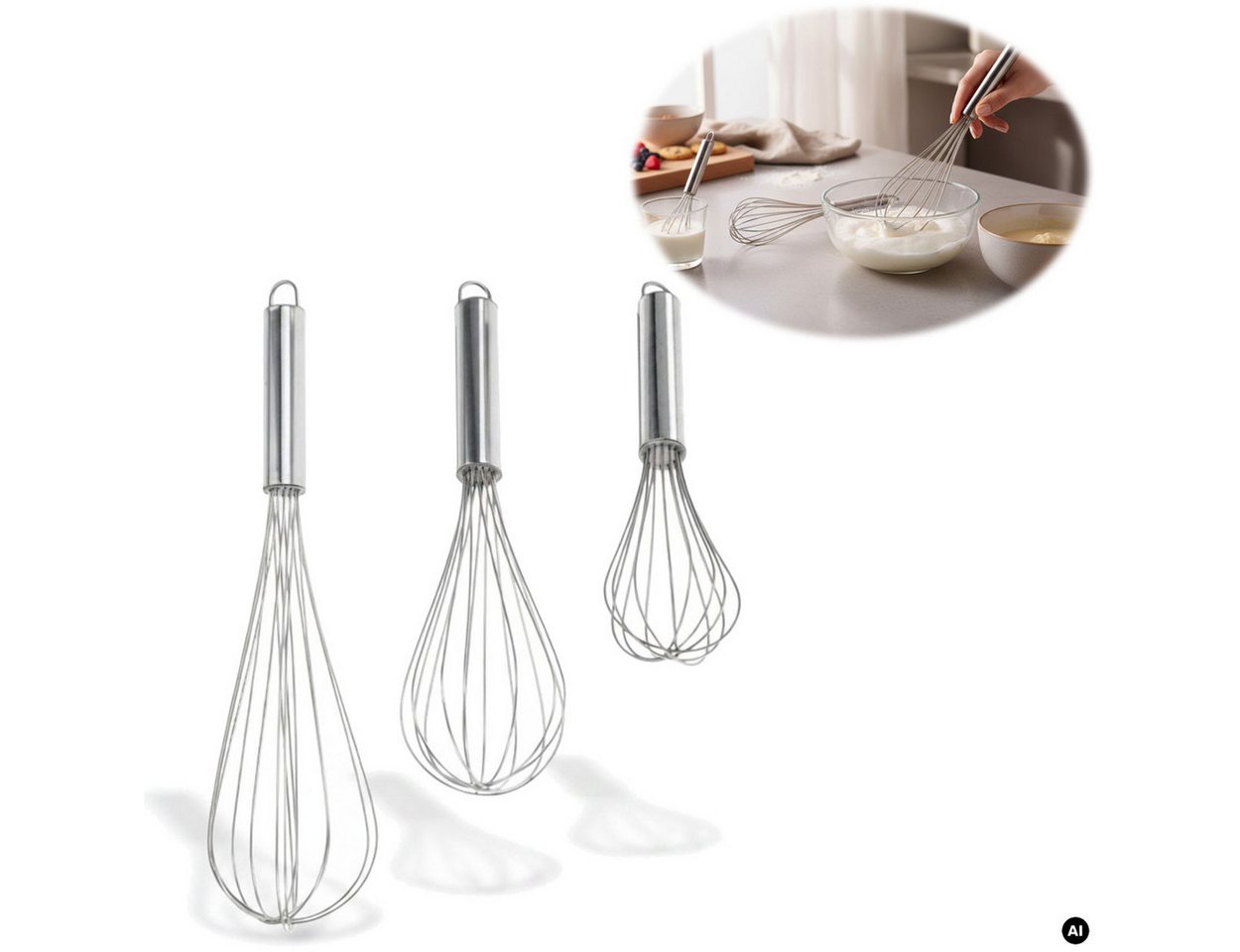 LS-LebenStil Schneebesen Edelstahl Rührbesen 3´er Set 21cm 26cm 31cm mit Aufhängeöse, Küchenhelfer zum Backen, Kochen, für Saucen, Teig, Sahne und Eier Bild 2