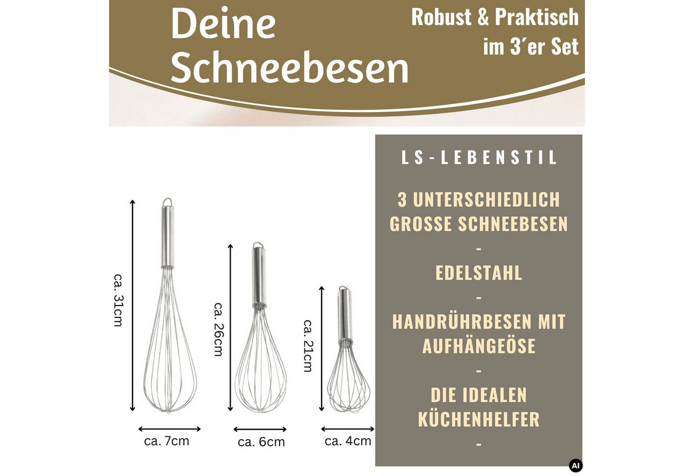 LS-LebenStil Schneebesen Edelstahl Rührbesen 3´er Set 21cm 26cm 31cm mit Aufhängeöse, Küchenhelfer zum Backen, Kochen, für Saucen, Teig, Sahne und Eier Bild 3