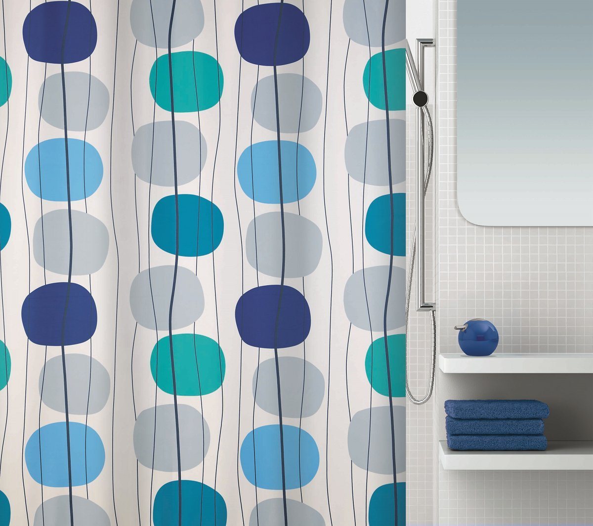 spirella Duschvorhang MOBILE Breite 180 cm, Premium Textil-Duschvorhang, 100% Polyester, wasserabweisend, Anti-Schimmel-Effekt, waschbar 30°, Motiv bunte Kreise, Farbe blau, Größe 180 x 200 cm