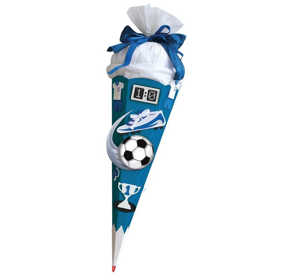 Roth Schultüte Soccer / Fußball, 68 cm, eckig, mit weißem Kreppverschluss, Zuckertüte zum Basteln, Blau