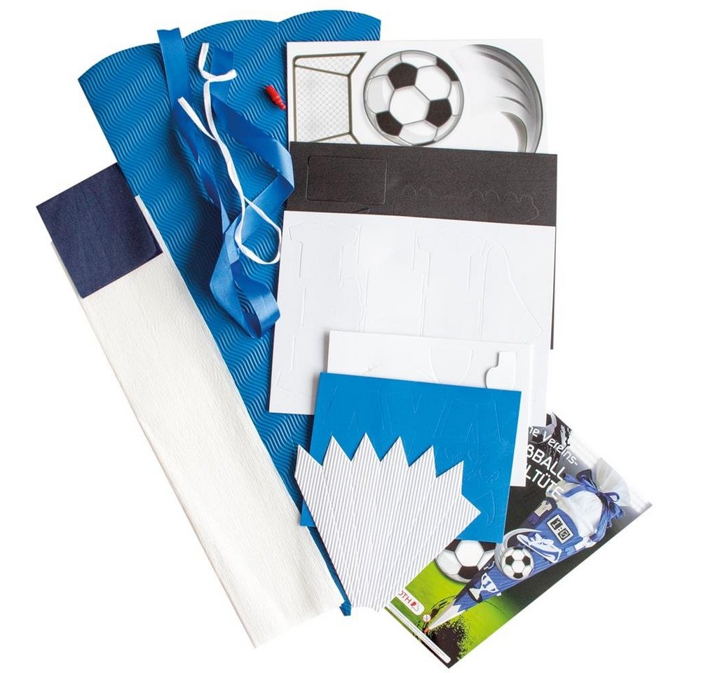 Roth Schultüte Soccer / Fußball, 68 cm, eckig, mit weißem Kreppverschluss, Zuckertüte zum Basteln, Blau Bild 2