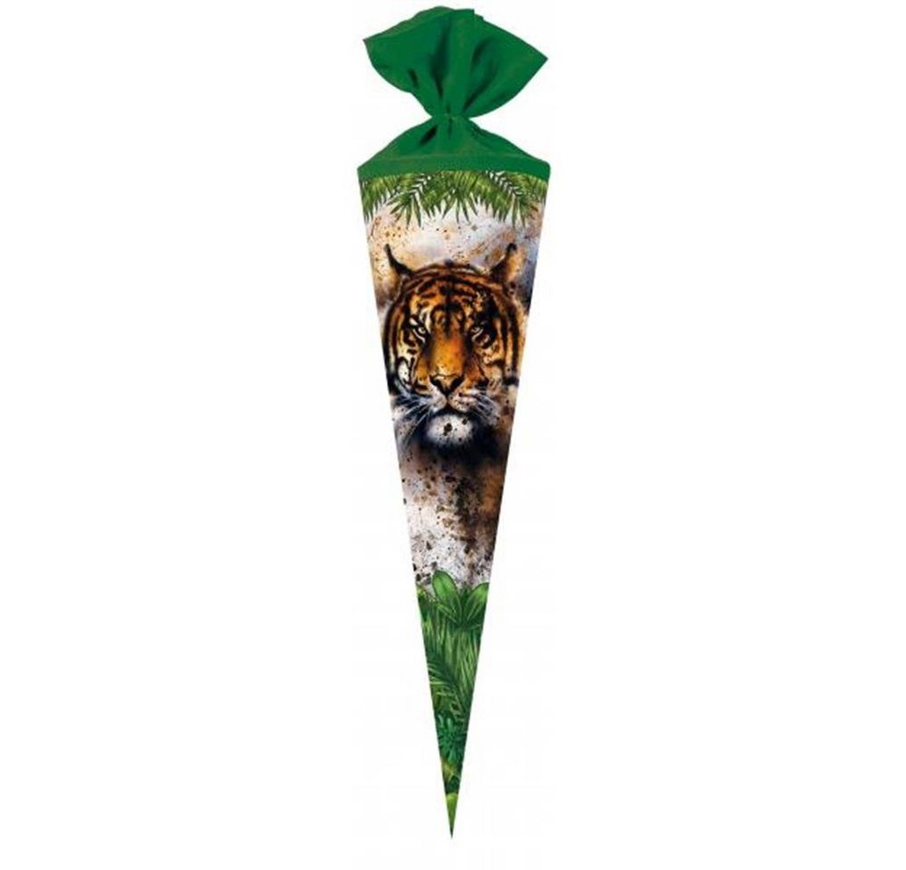 Nestler Schultüte Tiger, 70 cm, rund, mit grünem Filzverschluss, Zuckertüte für Einschulung