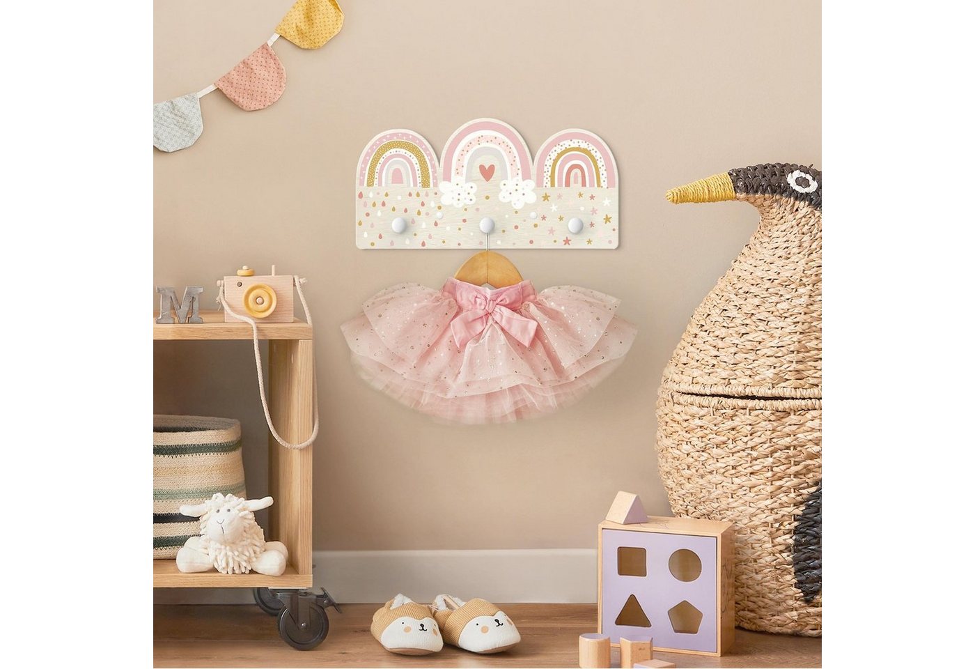 Bilderdepot24 Garderobenpaneel rosa Muster Weltall Himmel Sterne Regenbögen Rosa Mix (Kindergarderobe holz Kleiderhaken für die Wand inkl. Montagematerial), moderne Wand Garderobenleiste Flur - kleine Hakenleiste Kinderzimmer