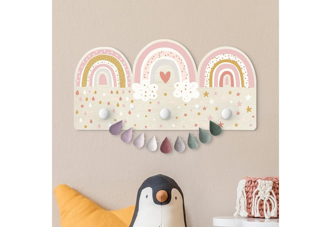 Bilderdepot24 Garderobenpaneel rosa Muster Weltall Himmel Sterne Regenbögen Rosa Mix (Kindergarderobe holz Kleiderhaken für die Wand inkl. Montagematerial), moderne Wand Garderobenleiste Flur - kleine Hakenleiste Kinderzimmer Bild 2