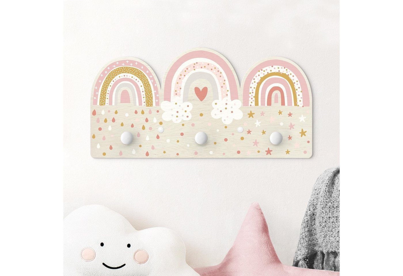 Bilderdepot24 Garderobenpaneel rosa Muster Weltall Himmel Sterne Regenbögen Rosa Mix (Kindergarderobe holz Kleiderhaken für die Wand inkl. Montagematerial), moderne Wand Garderobenleiste Flur - kleine Hakenleiste Kinderzimmer Bild 3