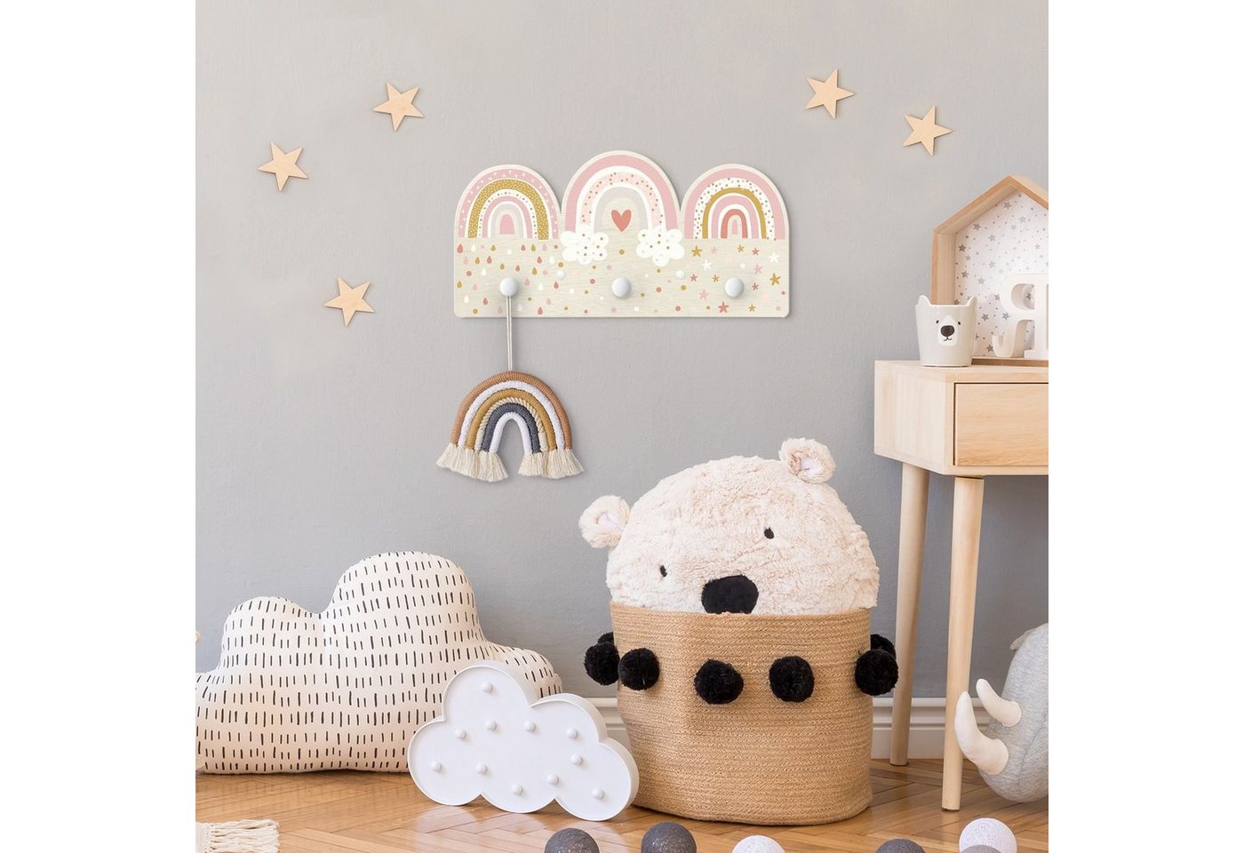 Bilderdepot24 Garderobenpaneel rosa Muster Weltall Himmel Sterne Regenbögen Rosa Mix (Kindergarderobe holz Kleiderhaken für die Wand inkl. Montagematerial), moderne Wand Garderobenleiste Flur - kleine Hakenleiste Kinderzimmer Bild 4