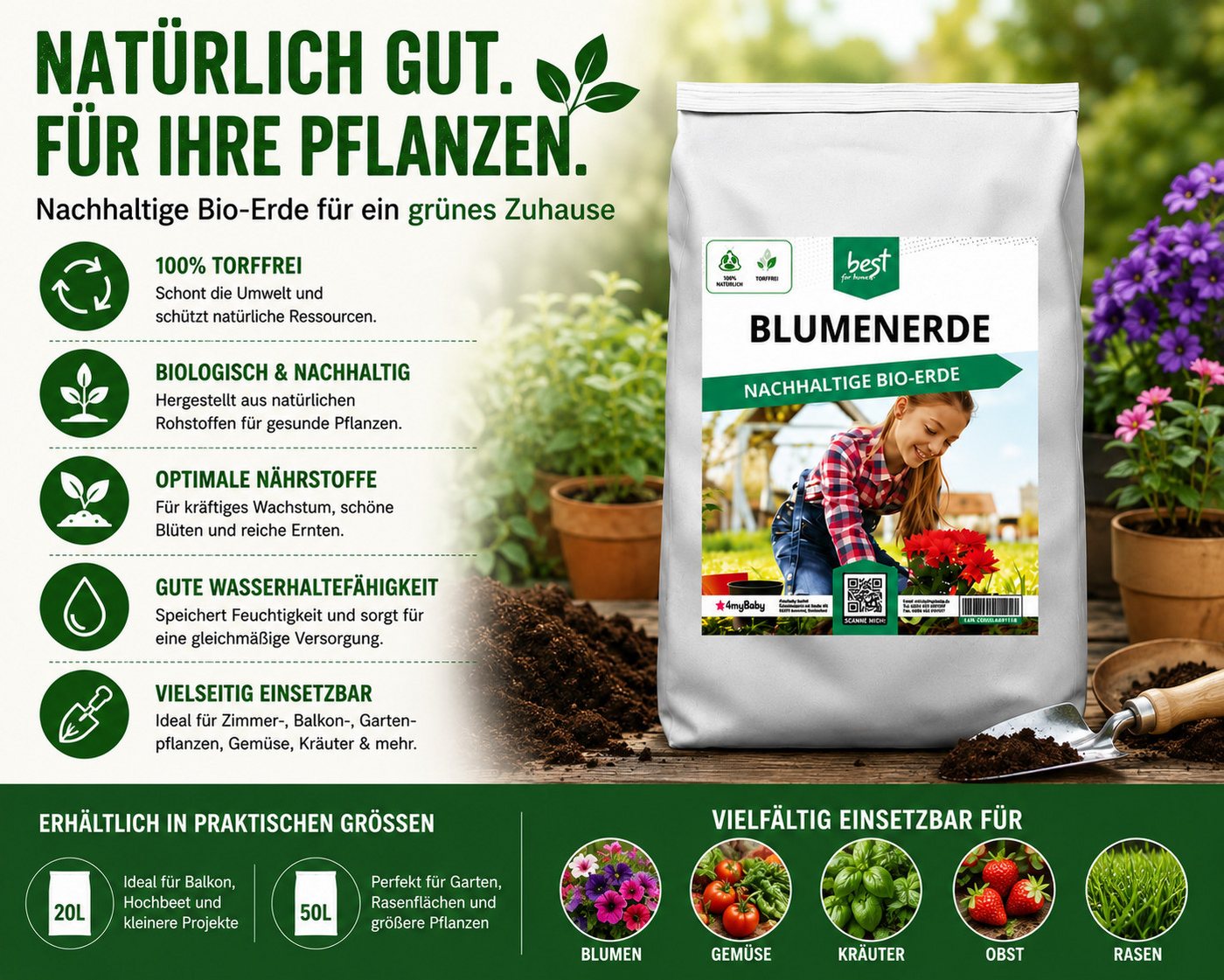 Best for Home Bio-Erde Bio-Blumenerde – Torffrei, für Zimmer- & Balkonpflanzen Blumenerde, mit Organische Pflanzerde, (Einzelartikel, 1-St., 20L / 50L Sack), Bio und torffrei, ideal für Blumenbeete und Kübel