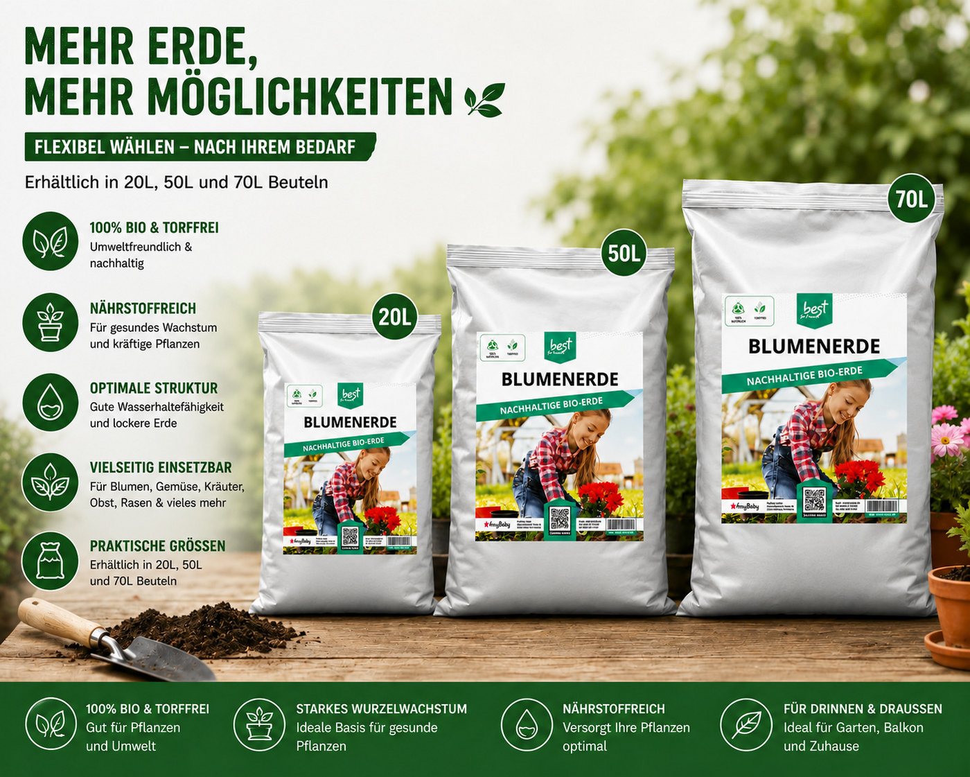 Best for Home Bio-Erde Bio-Blumenerde – Torffrei, für Zimmer- & Balkonpflanzen Blumenerde, mit Organische Pflanzerde, (Einzelartikel, 1-St., 20L / 50L Sack), Bio und torffrei, ideal für Blumenbeete und Kübel Bild 2