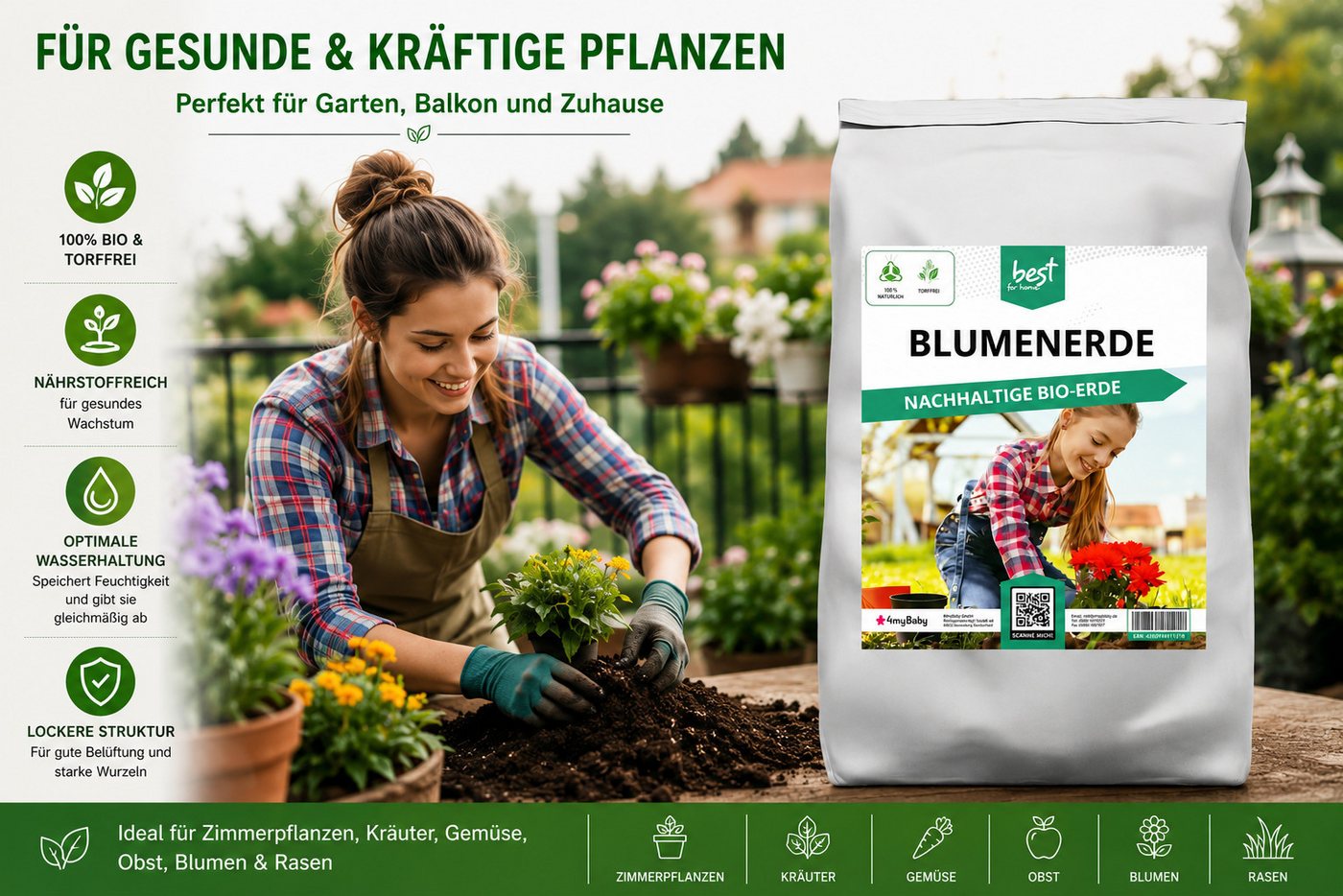 Best for Home Bio-Erde Bio-Blumenerde – Torffrei, für Zimmer- & Balkonpflanzen Blumenerde, mit Organische Pflanzerde, (Einzelartikel, 1-St., 20L / 50L Sack), Bio und torffrei, ideal für Blumenbeete und Kübel Bild 3