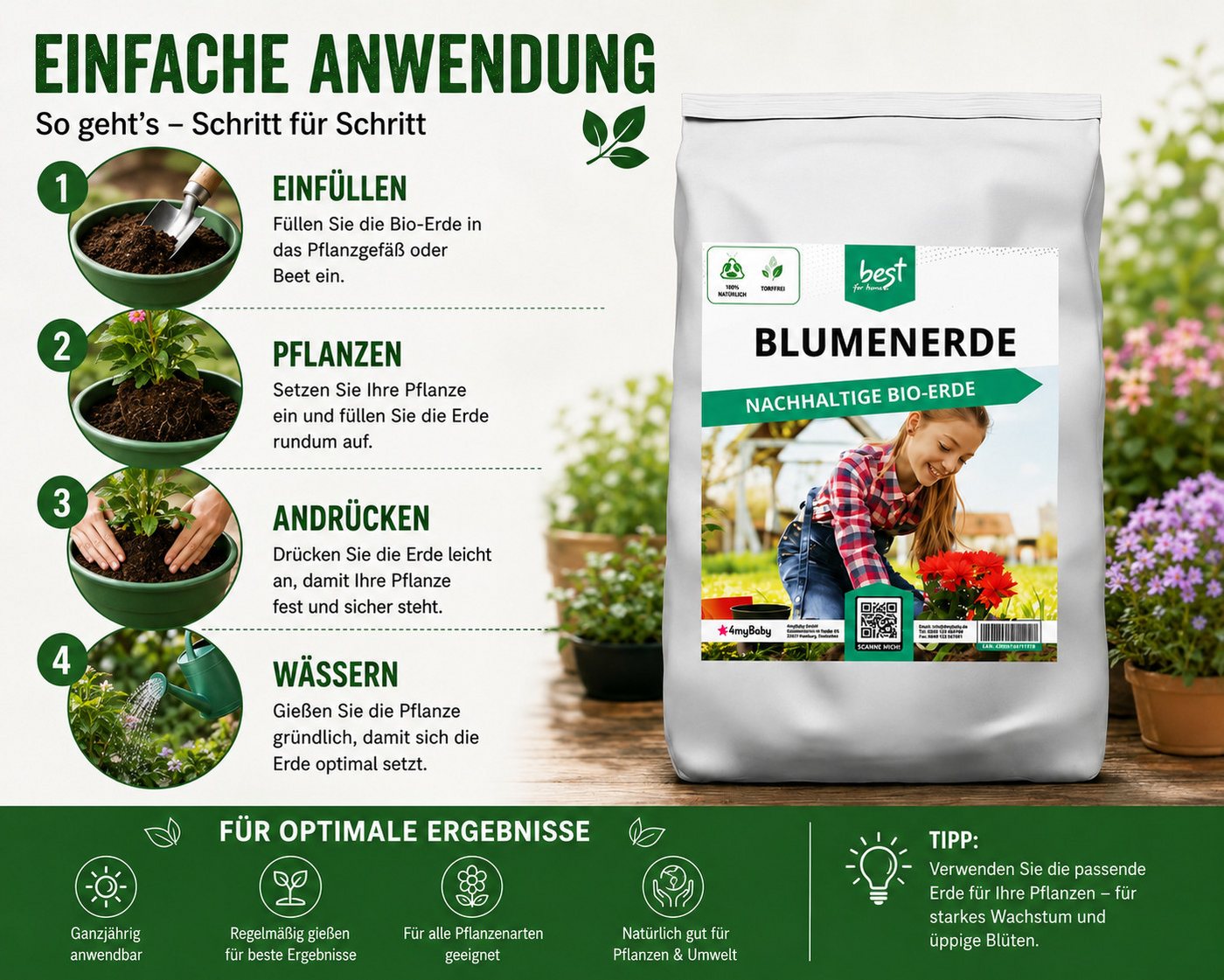 Best for Home Bio-Erde Bio-Blumenerde – Torffrei, für Zimmer- & Balkonpflanzen Blumenerde, mit Organische Pflanzerde, (Einzelartikel, 1-St., 20L / 50L Sack), Bio und torffrei, ideal für Blumenbeete und Kübel Bild 4