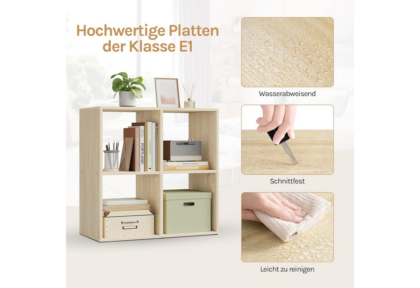Woltu Bücherregal, helle Eiche, 4 offene Fächer, Würfelregal Standregal klein Bild 4