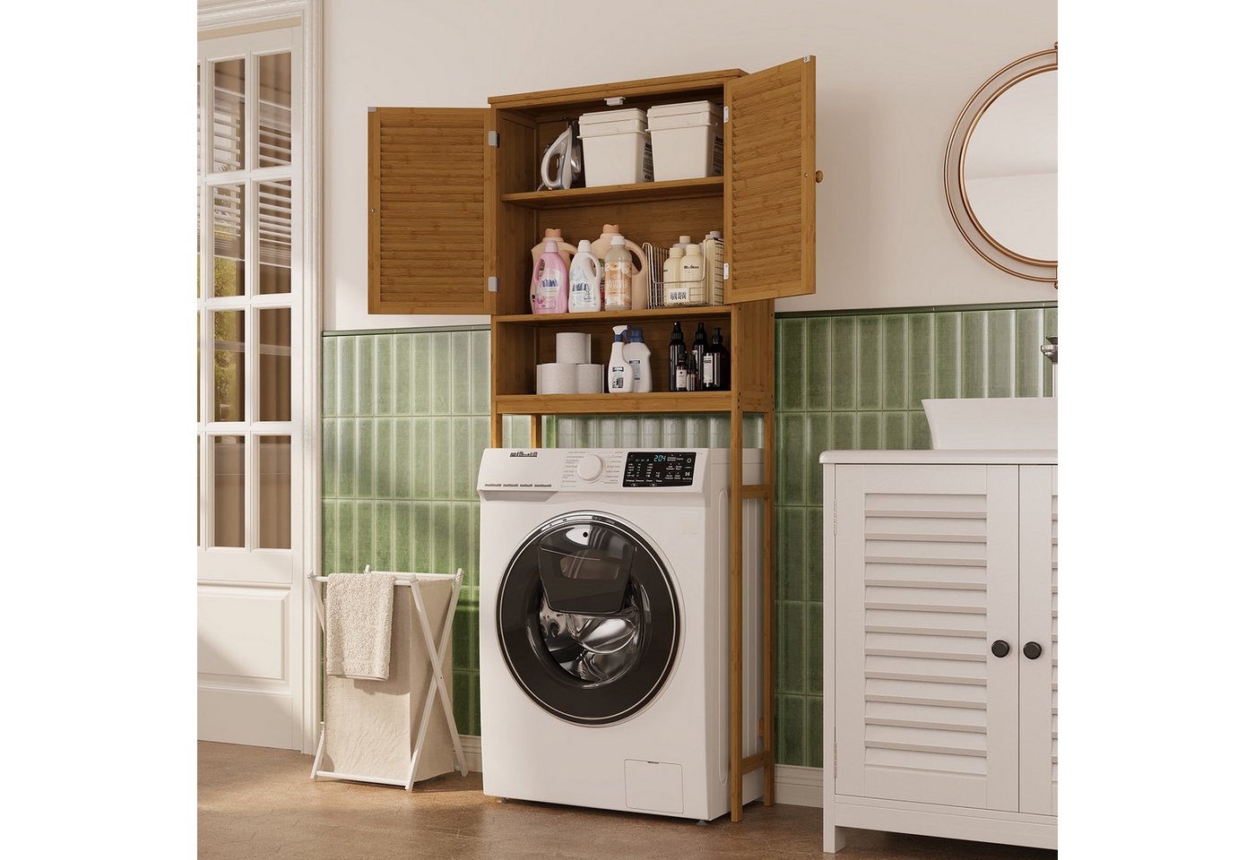 Bealife Badkommode Hochschrank Badschrank mit 3 offenen Fächern, 1 Schubladen, Weiß (mit Türen, 65 x 22 x 163.5 cm, für Waschmaschine und Wäschetrockner)