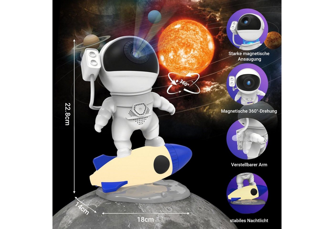 SERBASIC LED-Sternenhimmel HD Planetarium Astronaut Projektor, Dimmbar, Filmprojektionslampe, Timer, 360°drehbarer Nachtlichter, Augenschutz, 13-in-1 Bild 3