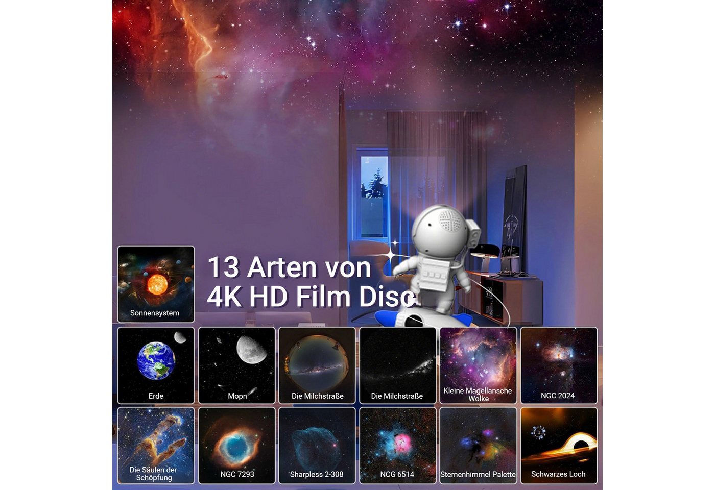 SERBASIC LED-Sternenhimmel HD Planetarium Astronaut Projektor, Dimmbar, Filmprojektionslampe, Timer, 360°drehbarer Nachtlichter, Augenschutz, 13-in-1 Bild 4