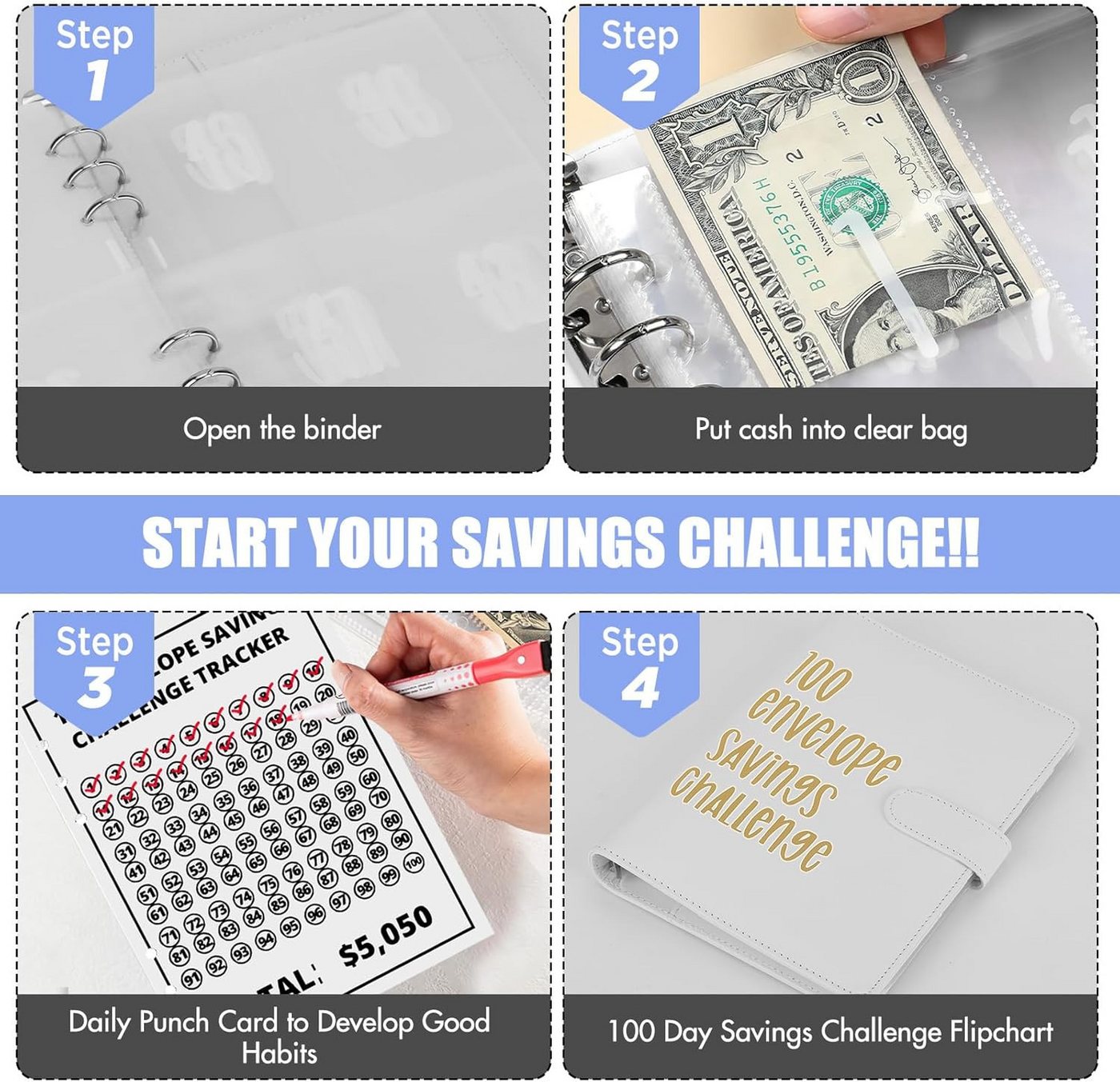 FELIXLEO Tagebuch 100 Tage Spar Challenge Binder, 100 Umschläge Sparmappe Budgetplaner