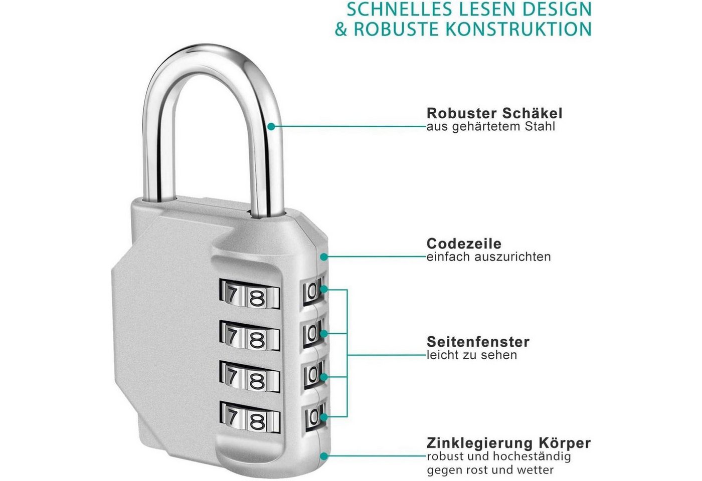 LuxusKollektion Vorhängeschloss Zahlenschloss Spind Fitnessstudio 4stellig 1P 1 Stück A silber