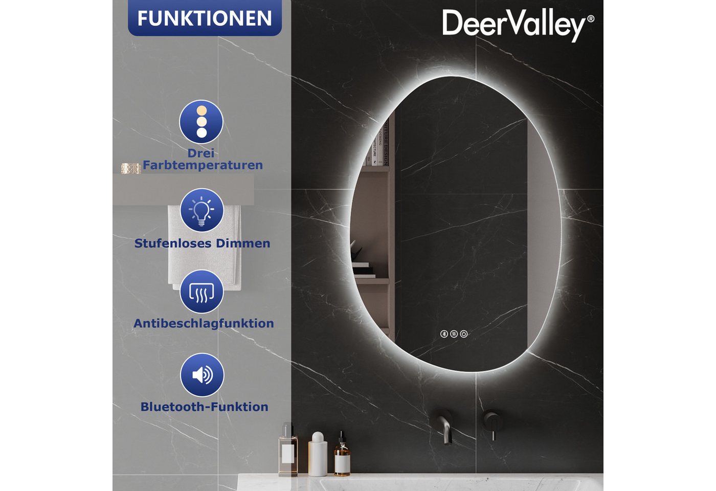 DeerValley Spiegelschrank DeerValley Badezimmer Wandspiegel, Antibeschlag Bluetooth Lautsprecher automatische Abschaltung energiesparend Bild 4