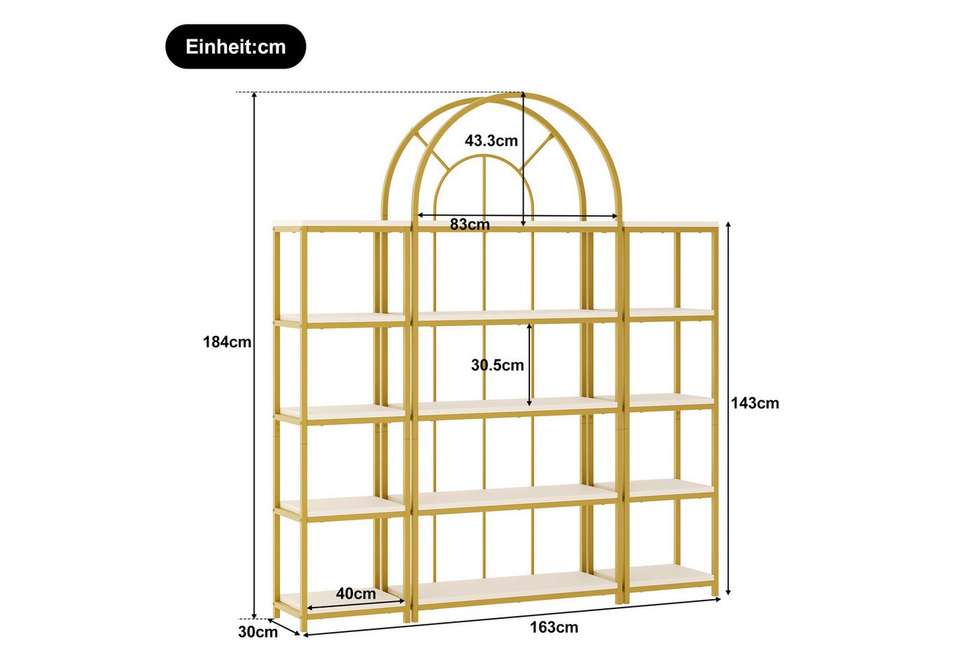Flieks Bücherregal mit Gold-Metallrahmen & weißen MDF-Böden, 163×30×184 cm 3-tlg., Standregal mit 5 Ebenen Lagerregal Hochschrank Bogen-Design