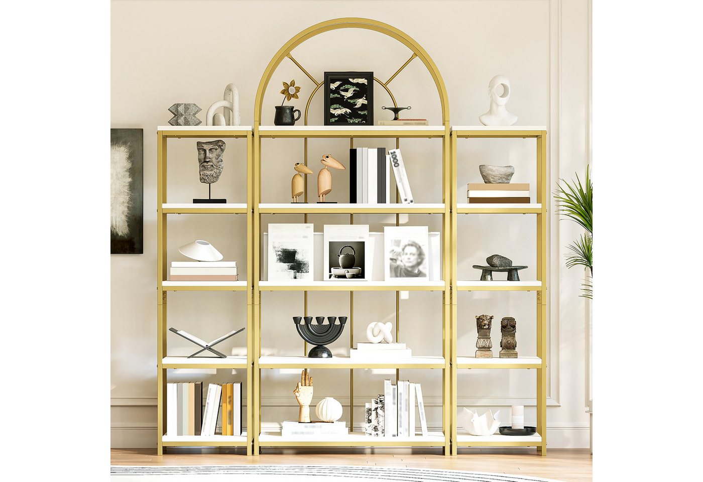 Flieks Bücherregal mit Gold-Metallrahmen & weißen MDF-Böden, 163×30×184 cm 3-tlg., Standregal mit 5 Ebenen Lagerregal Hochschrank Bogen-Design Bild 2