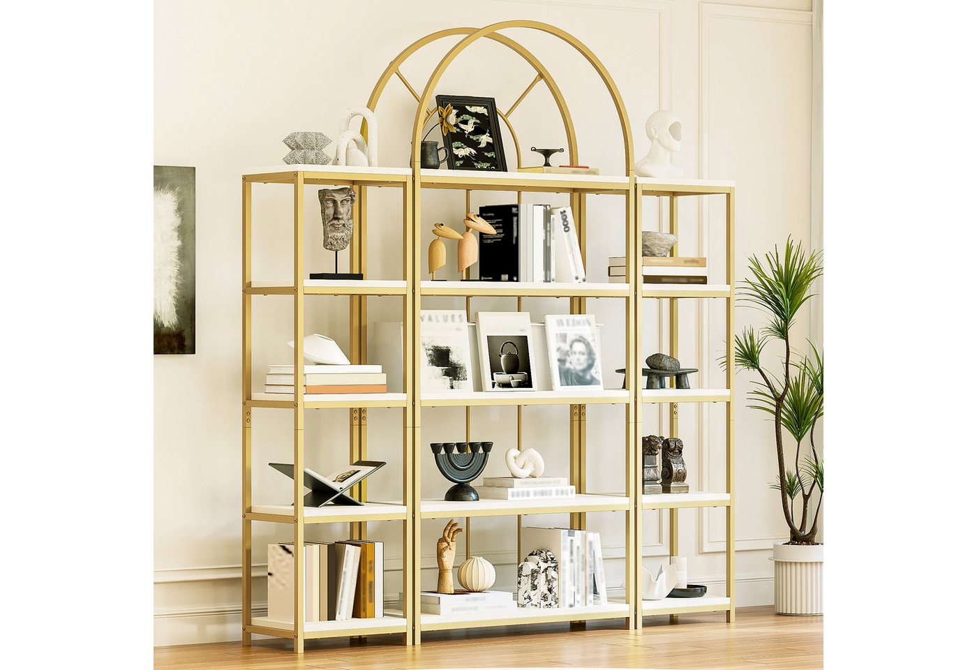 Flieks Bücherregal mit Gold-Metallrahmen & weißen MDF-Böden, 163×30×184 cm 3-tlg., Standregal mit 5 Ebenen Lagerregal Hochschrank Bogen-Design Bild 3