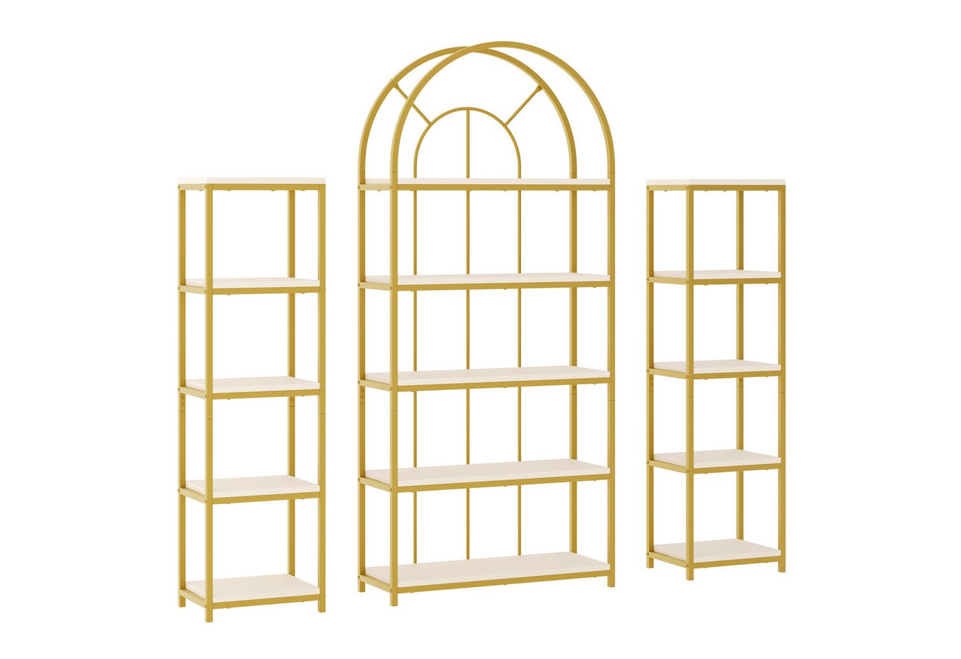 Flieks Bücherregal mit Gold-Metallrahmen & weißen MDF-Böden, 163×30×184 cm 3-tlg., Standregal mit 5 Ebenen Lagerregal Hochschrank Bogen-Design Bild 4