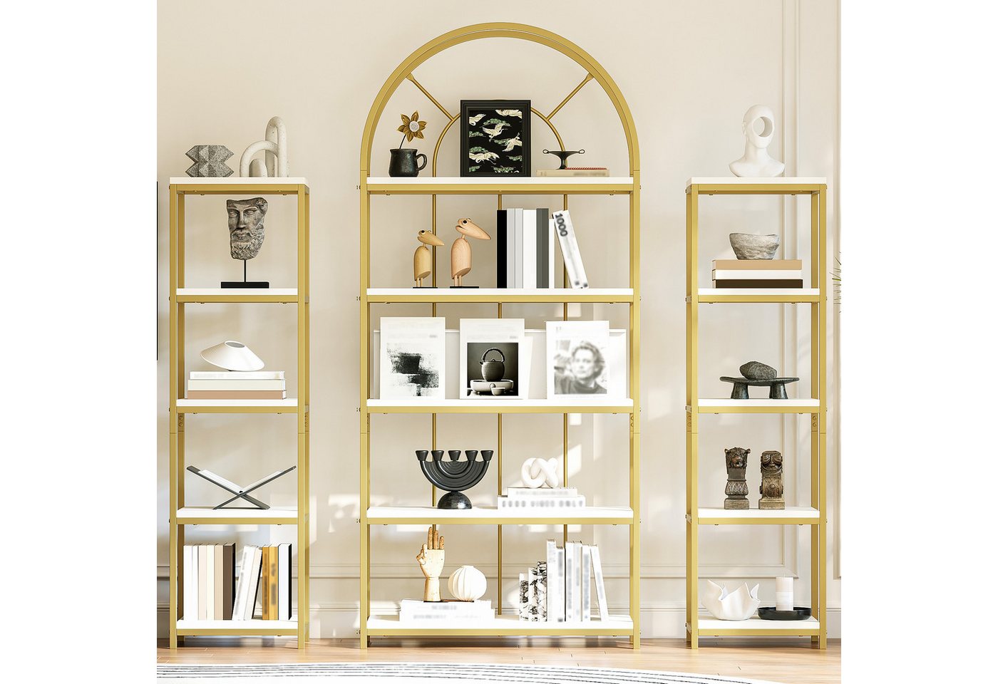 Flieks Bücherregal mit Gold-Metallrahmen & weißen MDF-Böden, 163×30×184 cm 3-tlg., Standregal mit 5 Ebenen Lagerregal Hochschrank Bogen-Design Bild 5