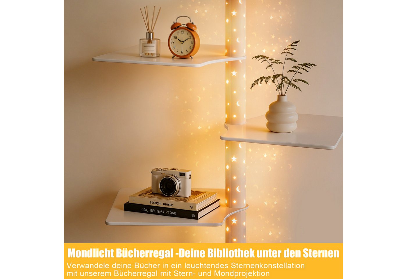 XERSEK Bücherregal 9 Ebenen Bücherturm mit LED-Sternenlicht & Drehbaren Regalen, Weiß, 1.8m Metall Standregal, für Wohnzimmer Schlafzimmer Büro
