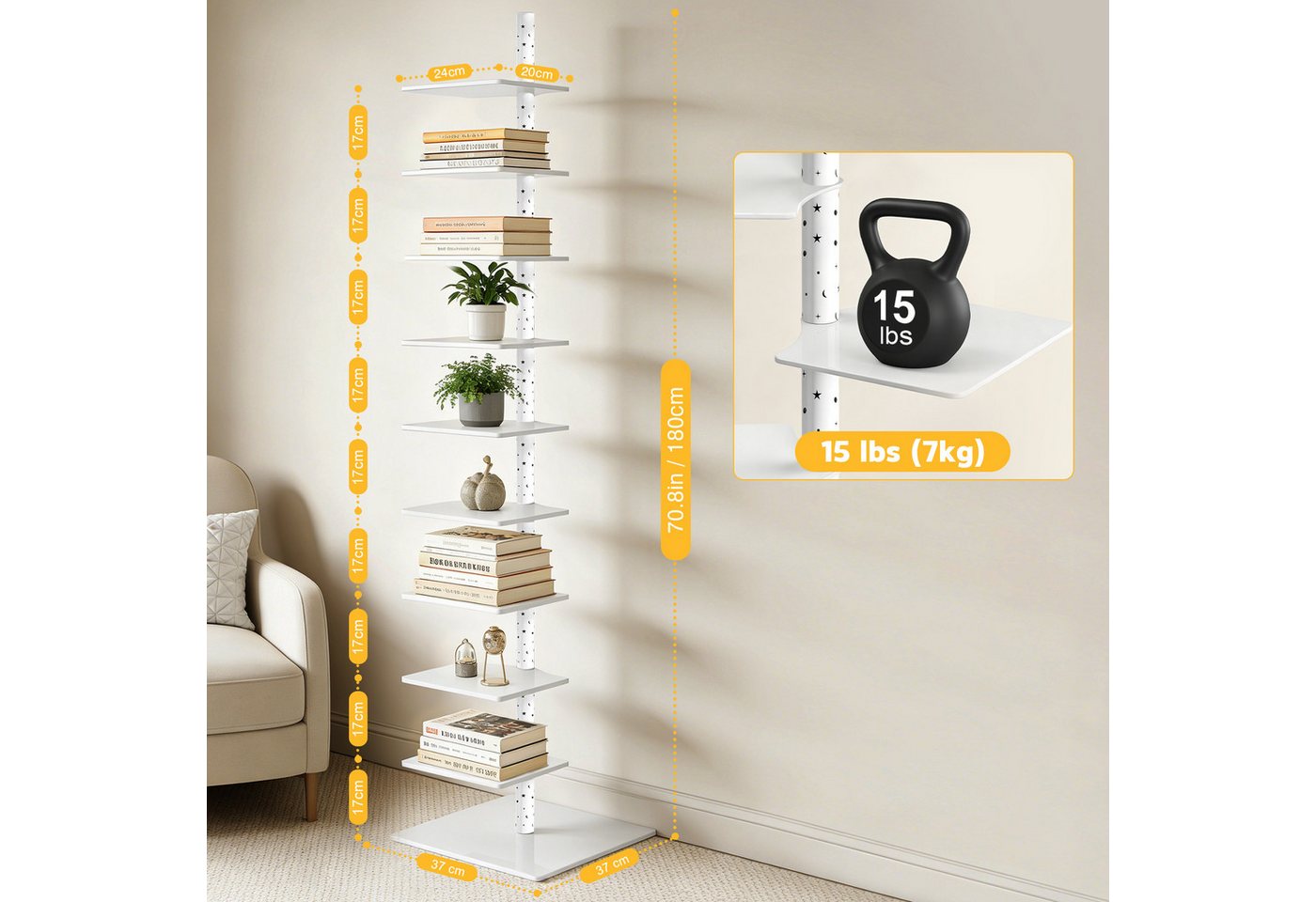 XERSEK Bücherregal 9 Ebenen Bücherturm mit LED-Sternenlicht & Drehbaren Regalen, Weiß, 1.8m Metall Standregal, für Wohnzimmer Schlafzimmer Büro Bild 3