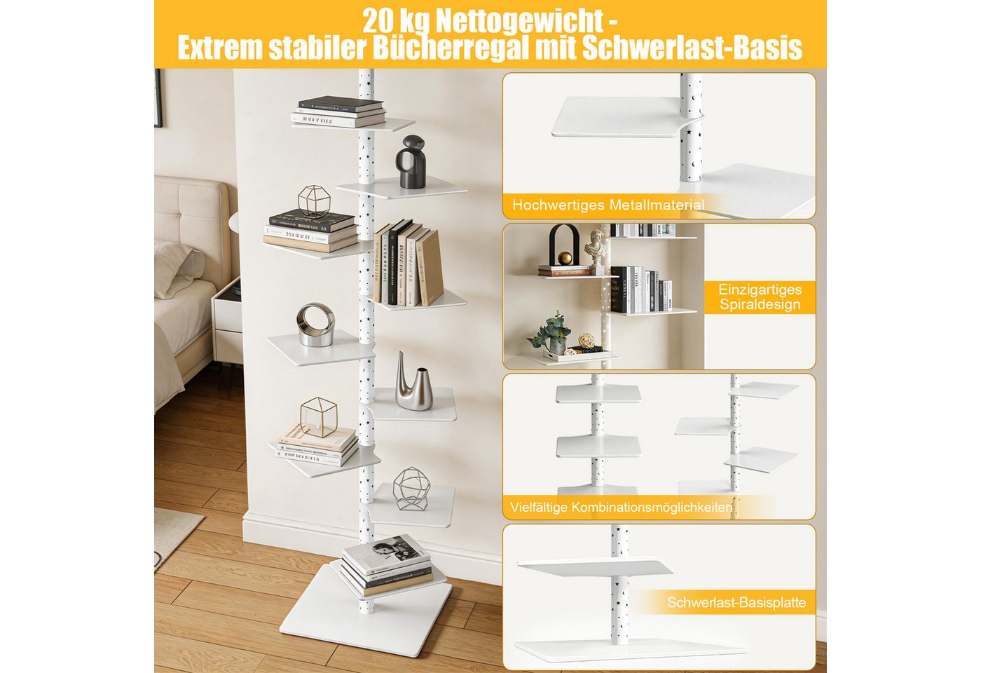 XERSEK Bücherregal 9 Ebenen Bücherturm mit LED-Sternenlicht & Drehbaren Regalen, Weiß, 1.8m Metall Standregal, für Wohnzimmer Schlafzimmer Büro Bild 4