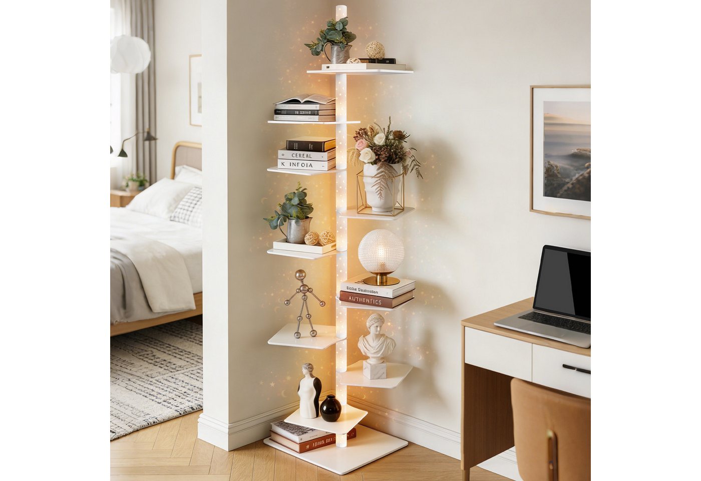 XERSEK Bücherregal 9 Ebenen Bücherturm mit LED-Sternenlicht & Drehbaren Regalen, Weiß, 1.8m Metall Standregal, für Wohnzimmer Schlafzimmer Büro Bild 5