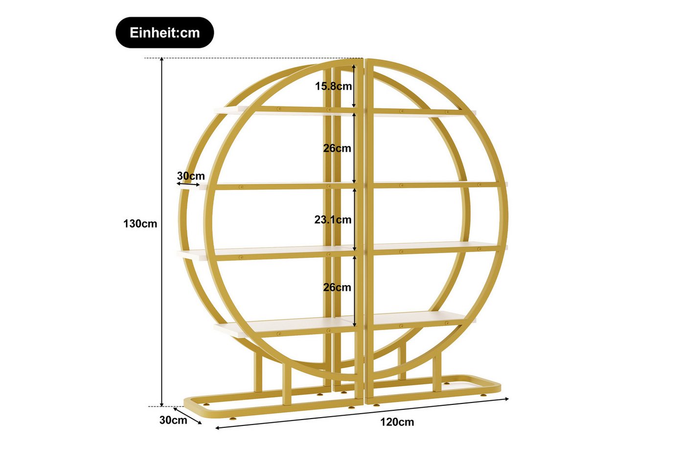 Flieks Bücherregal mit goldfarbenen Metallrahmen & weißen MDF-Einlegeböden, B120/T30/H130 cm 2-tlg., Rundes Standregal mit 8 offenes Regal Lagerregal Hochschrank
