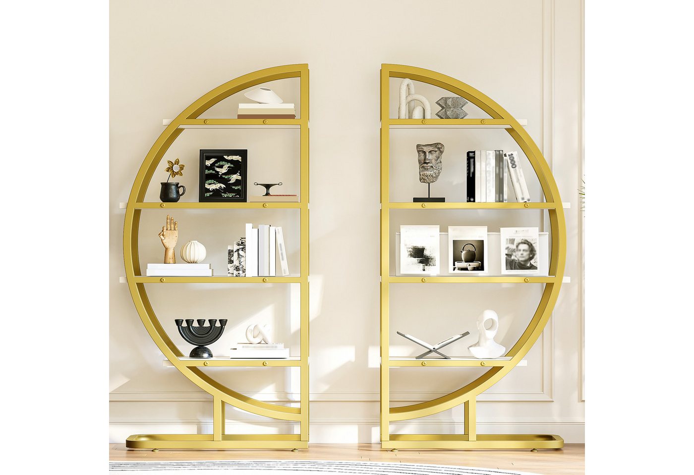 Flieks Bücherregal mit goldfarbenen Metallrahmen & weißen MDF-Einlegeböden, B120/T30/H130 cm 2-tlg., Rundes Standregal mit 8 offenes Regal Lagerregal Hochschrank Bild 2