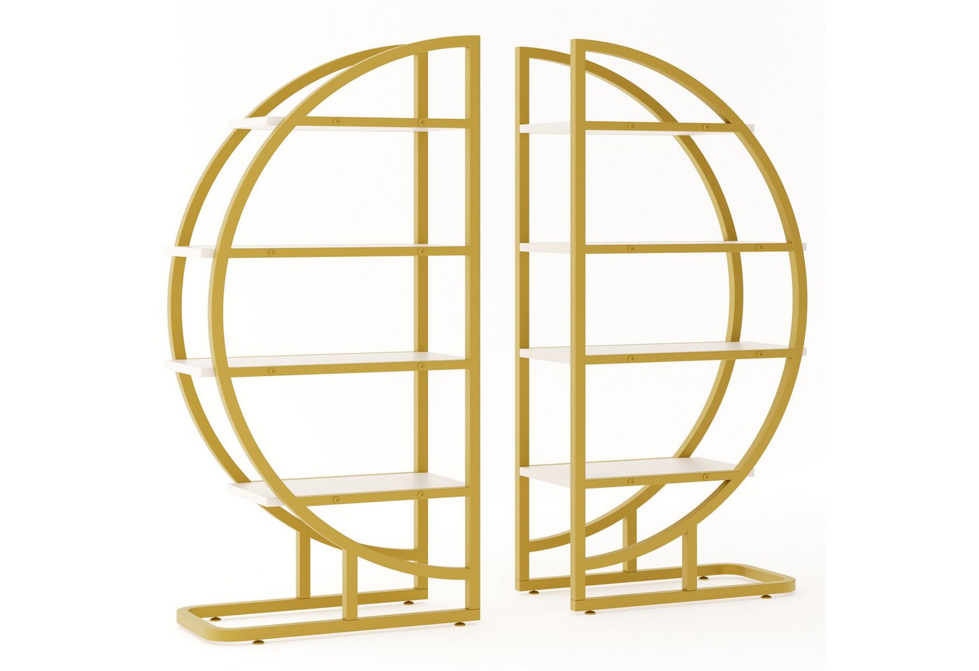 Flieks Bücherregal mit goldfarbenen Metallrahmen & weißen MDF-Einlegeböden, B120/T30/H130 cm 2-tlg., Rundes Standregal mit 8 offenes Regal Lagerregal Hochschrank Bild 3