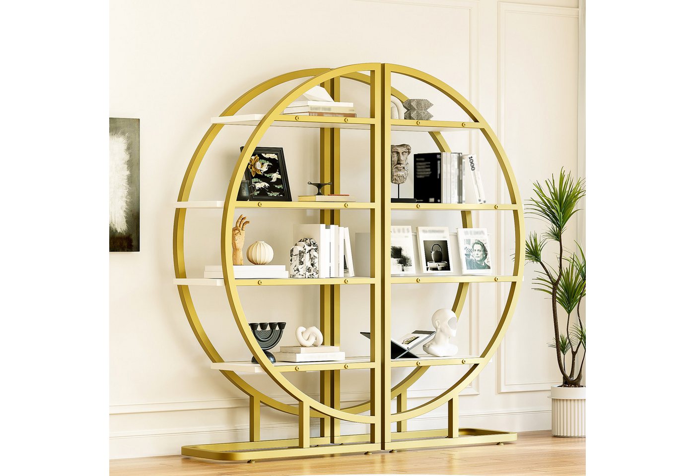 Flieks Bücherregal mit goldfarbenen Metallrahmen & weißen MDF-Einlegeböden, B120/T30/H130 cm 2-tlg., Rundes Standregal mit 8 offenes Regal Lagerregal Hochschrank Bild 4