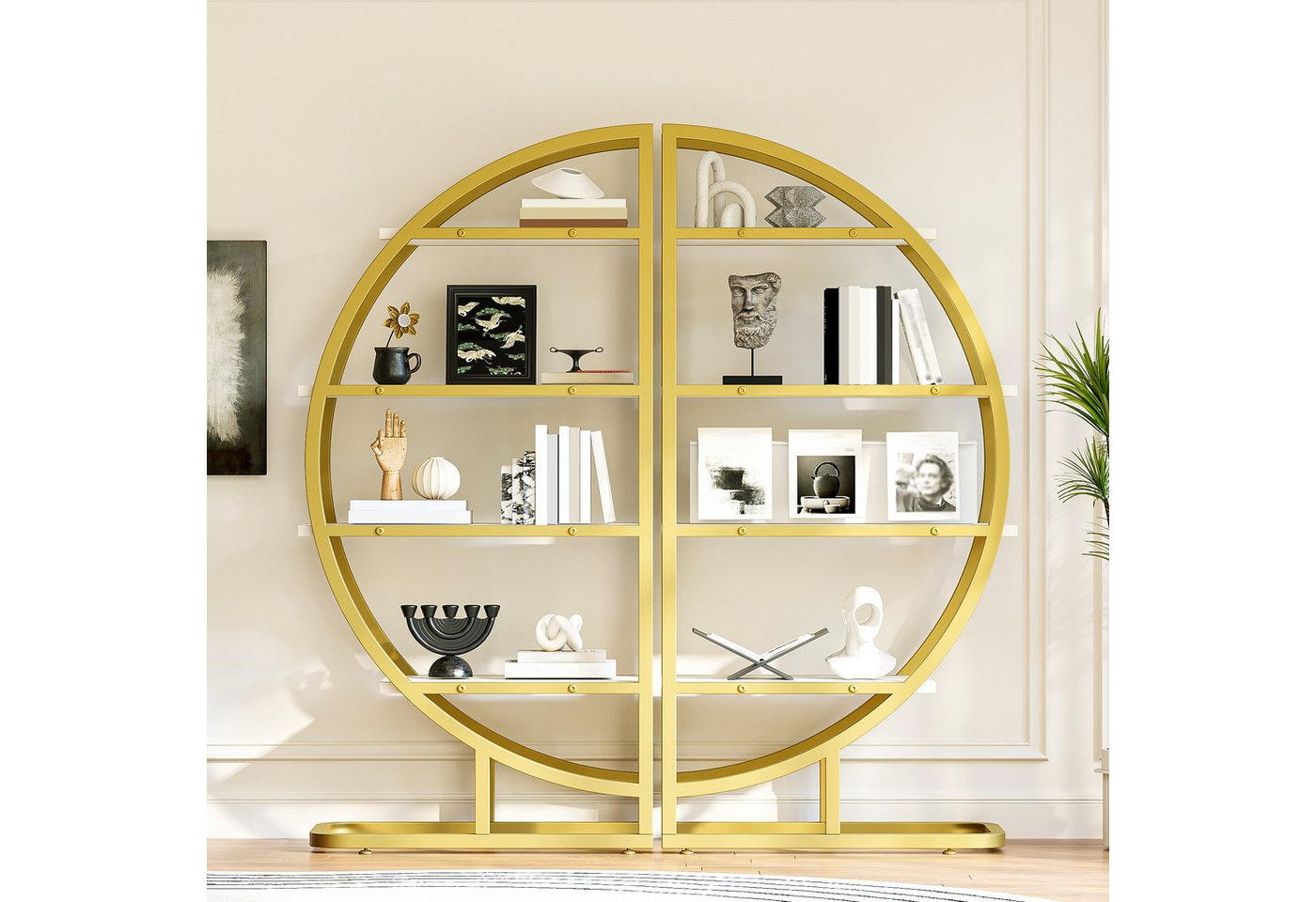 Flieks Bücherregal mit goldfarbenen Metallrahmen & weißen MDF-Einlegeböden, B120/T30/H130 cm 2-tlg., Rundes Standregal mit 8 offenes Regal Lagerregal Hochschrank Bild 5