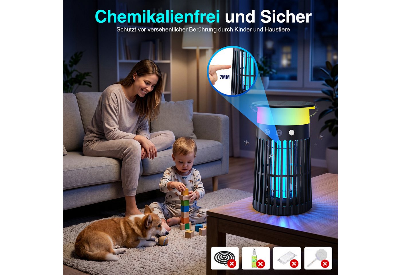 ANYSUN Ultraschall-Tierabwehr Insektenvernichter Elektrisch mit Akku Wiederaufladbarer Mückenfalle, UV Mückenlampe Innen mit LED-Licht, Flammeneffekt & Ambientelicht, für bis zu 60 qm ohne Chemie oder Duftstoffe, Fliegenfalle elektrisch Bild 3