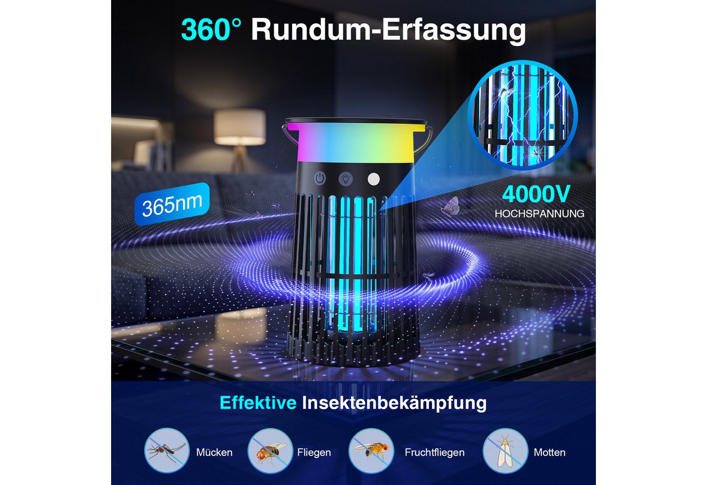 ANYSUN Ultraschall-Tierabwehr Insektenvernichter Elektrisch mit Akku Wiederaufladbarer Mückenfalle, UV Mückenlampe Innen mit LED-Licht, Flammeneffekt & Ambientelicht, für bis zu 60 qm ohne Chemie oder Duftstoffe, Fliegenfalle elektrisch Bild 4