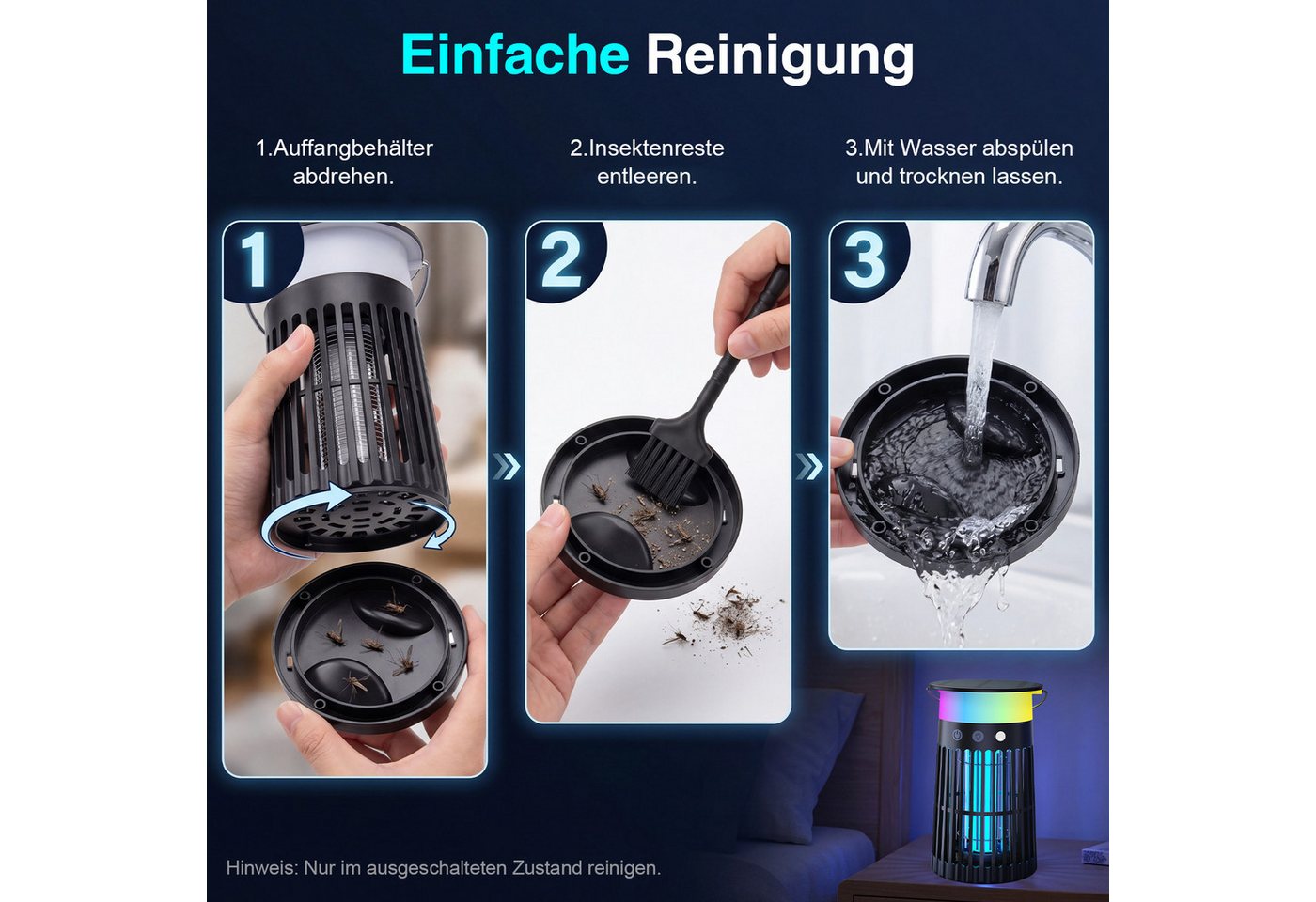 ANYSUN Ultraschall-Tierabwehr Insektenvernichter Elektrisch mit Akku Wiederaufladbarer Mückenfalle, UV Mückenlampe Innen mit LED-Licht, Flammeneffekt & Ambientelicht, für bis zu 60 qm ohne Chemie oder Duftstoffe, Fliegenfalle elektrisch Bild 5