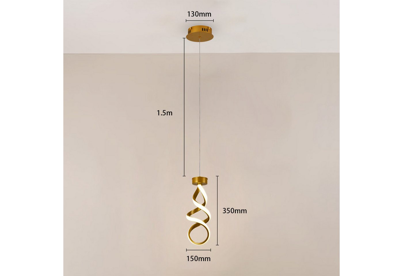JDONG Pendelleuchte Moderne LED Hängeleuchte Spirale 150cm Höhenverstellbar, LED fest integriert, 3000K Warmweiß, Gold/Schwarz, 35H*15D Hängeleuchte für Esszimmer Wohnzimmer Bar Küche Bild 5