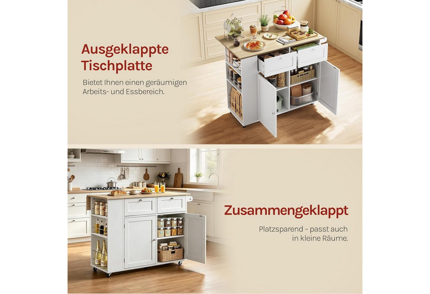 Woltu Kücheninsel, Küchenwagen mit klappbarer Arbeitsplatte, mit Rollen Bild 3