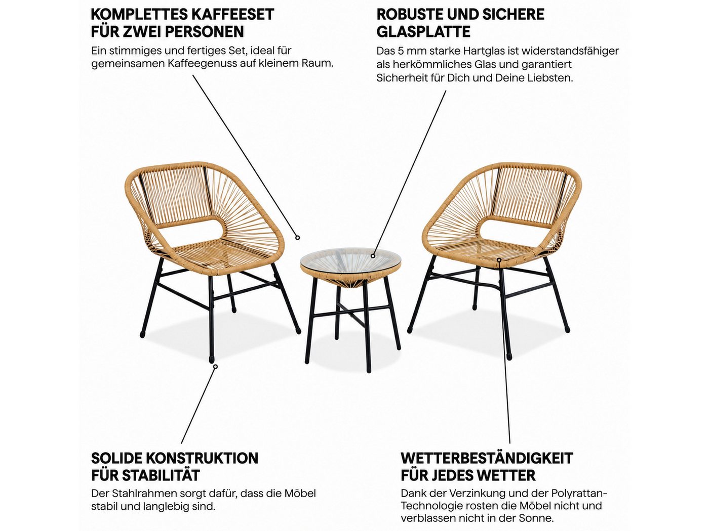 Beautysofa Gartenlounge-Set MALIKA Balkonmöbel, (Stahlgestell pulverbeschichtet, Polyrattan-Optik, 3-tlg., 2 Gartensessel + 1 Couchtisch), gehärtete Glasplatte 5 mm, wetterbeständig, stabil Bild 2