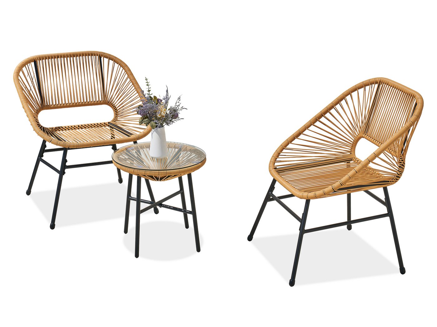 Beautysofa Gartenlounge-Set MALIKA Balkonmöbel, (Stahlgestell pulverbeschichtet, Polyrattan-Optik, 3-tlg., 2 Gartensessel + 1 Couchtisch), gehärtete Glasplatte 5 mm, wetterbeständig, stabil Bild 4
