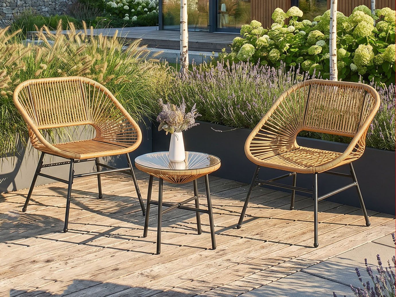 Beautysofa Gartenlounge-Set MALIKA Balkonmöbel, (Stahlgestell pulverbeschichtet, Polyrattan-Optik, 3-tlg., 2 Gartensessel + 1 Couchtisch), gehärtete Glasplatte 5 mm, wetterbeständig, stabil Bild 5