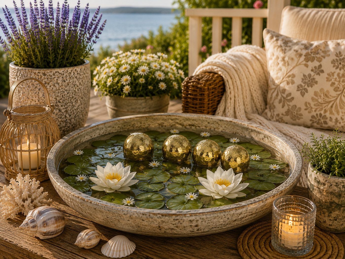 finehomegarden Teichfigur Schwimmkugel gold Ø4cm Blüten Porzellan 2fach sort. (4er Set), (Set, 4-St., 4tlg), Schwimmende Deko Kugeln für Teich & Wasserschalen Garten
